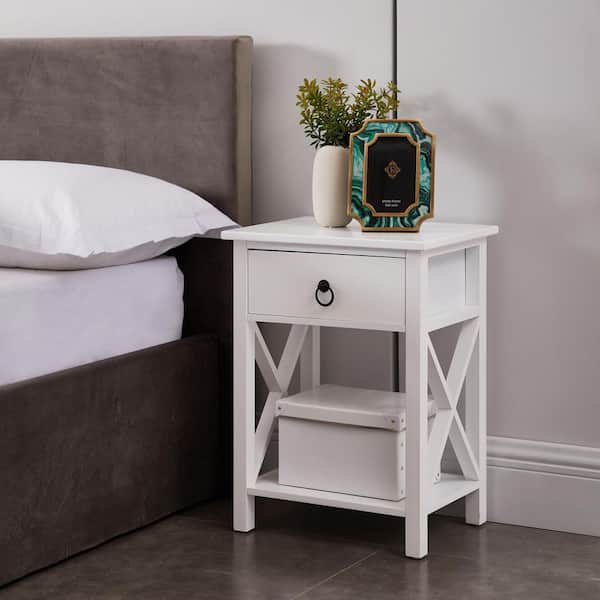 HOMESTOCK White Wooden 1 Drawer End Tables - Modern Minimalist Nightstands with Storage (Set of 2)