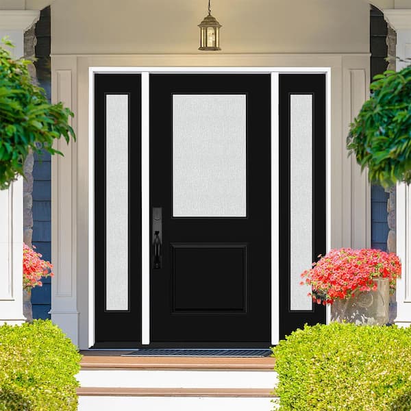 Legacy 68 in. x 80 in. 1/2 Lite Rain Glass RHIS Primed Black Finish Fiberglass Prehung Front Door w/Dbl 14 in. SL