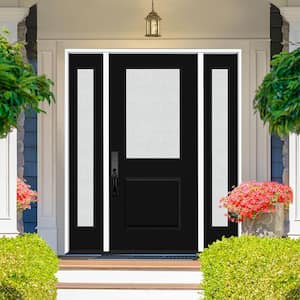 Legacy 68 in. x 80 in. 1/2 Lite Rain Glass LHOS Primed Black Finish Fiberglass Prehung Front Door w/Dbl 14 in. SL