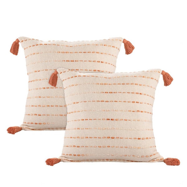 LR Home Tara Orange/Ivory Striped Cotton Blend 20 in. x 20 in. Throw Pillow (Set of 2)