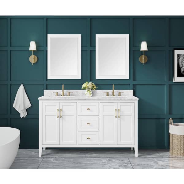 Sturgess 61 in. Double Sink White Bath Vanity with White Carrara Marble Top (Assembled)