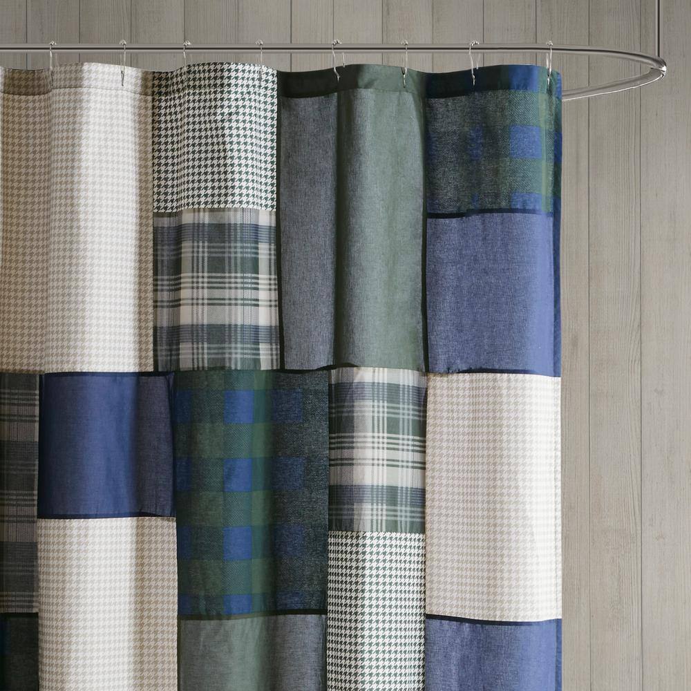 Mill Creek Green and Navy Cotton Patchwork Shower Curtain