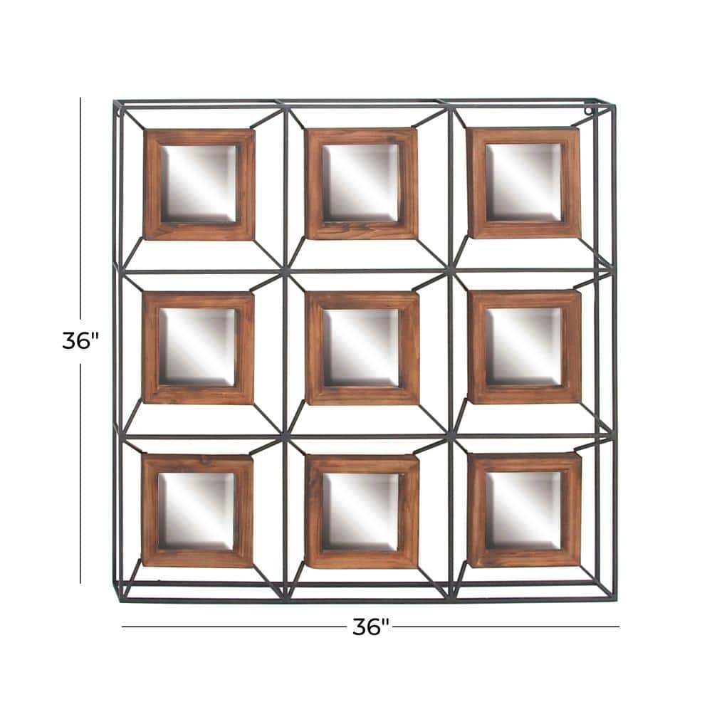 Square Wood and Iron Grid Wall Mirror