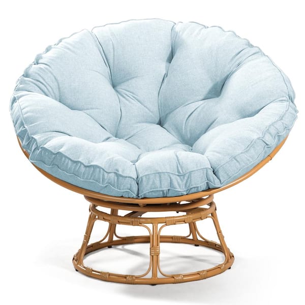 Unbranded Brown Yellow Wicker Outdoor Patio Papasan Lounge Chair with Sky Blue Polyester Cushion, 360° Swivel Base, Large Saucer