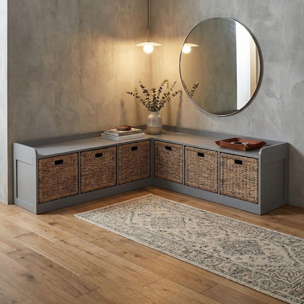 FUFU&GAGA 17.7 in. H x 63 in. W Gray Wood Shoe Storage Bench with