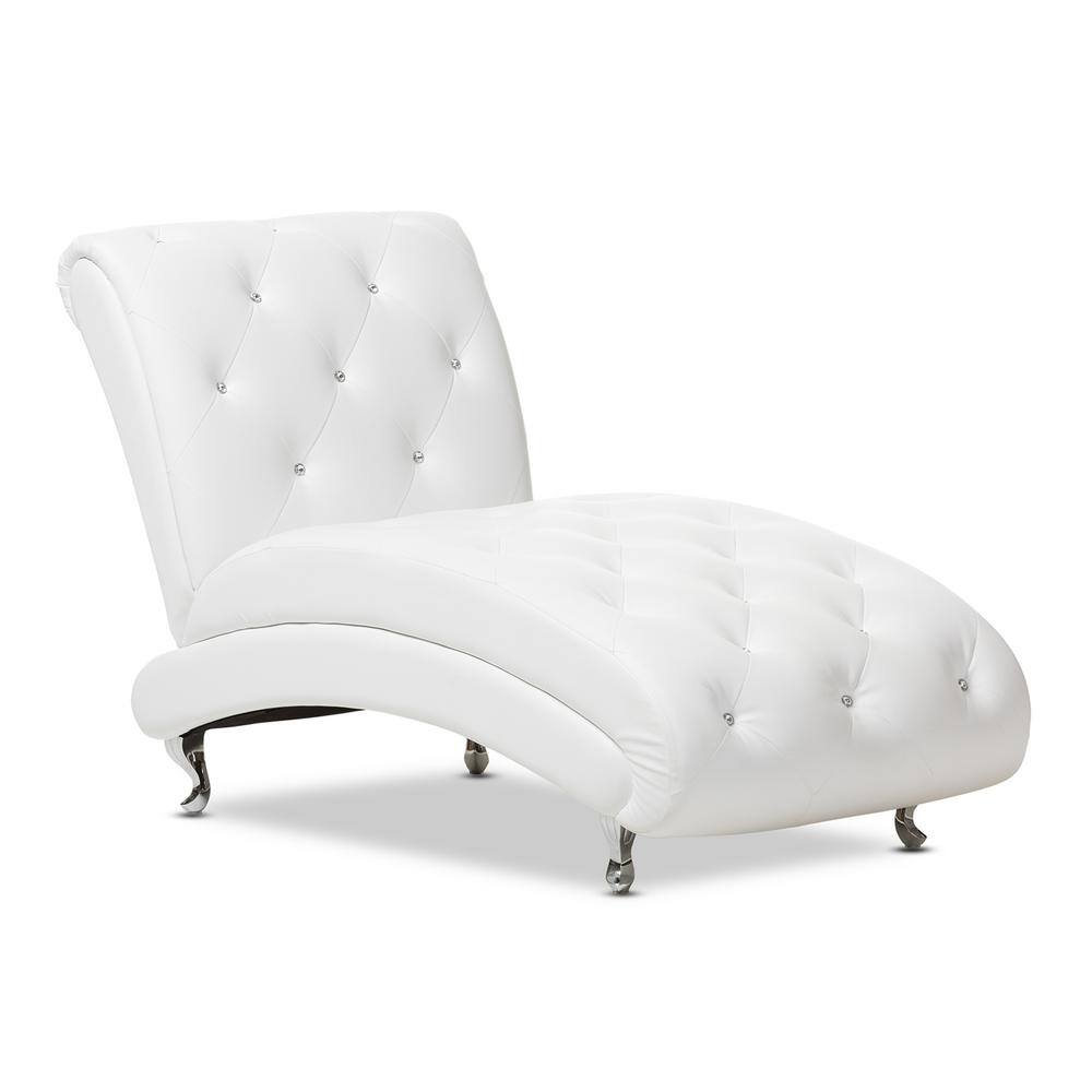 Pease 50'' White Faux Leather Tufted Chaise Lounge with Crystal Accents