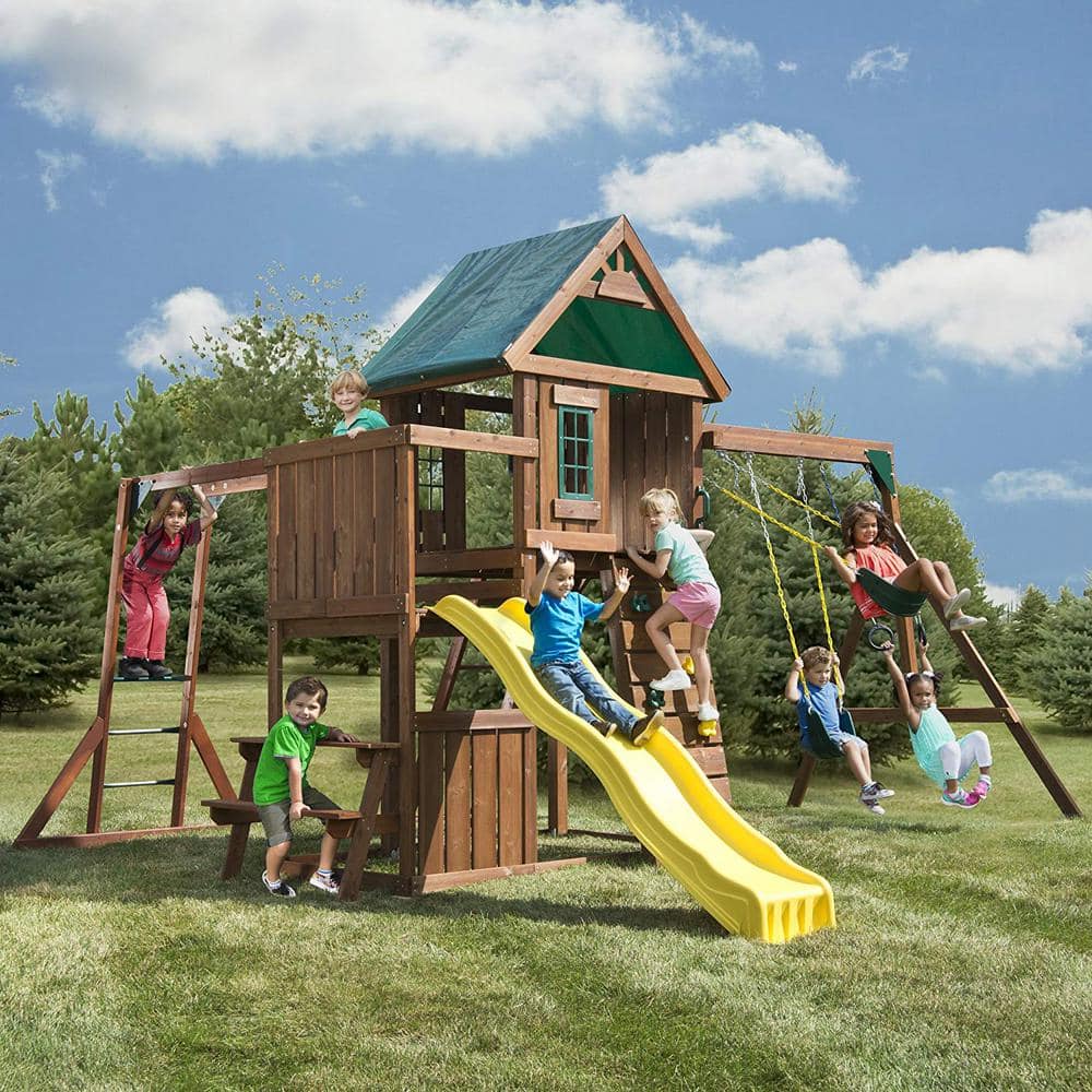Swing-N-Slide Playsets Chesapeake Deluxe Complete Wooden Outdoor Playset with Slide, Rock Wall, Swings and Backyard Swing Set Accessories -  PB 8010