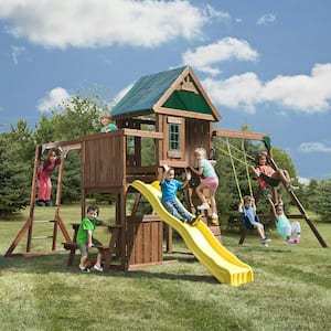 Chesapeake Deluxe Complete Wooden Outdoor Playset with Slide, Rock Wall, Swings and Backyard Swing Set Accessories