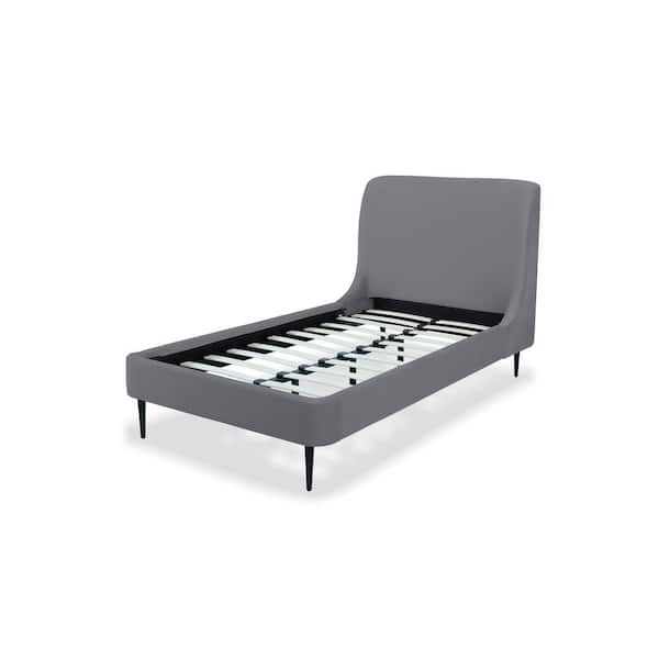 Manhattan Comfort Heather Mid-Century Modern Grey Velvet Upholstered Wood Frame Twin-Size Platform Bed with Black Legs