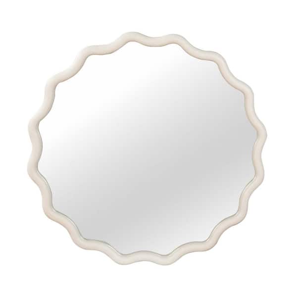 Mirrot White 24 in. W x 24 in. H Wavy Round Solid Wood Framed Wall Mirror