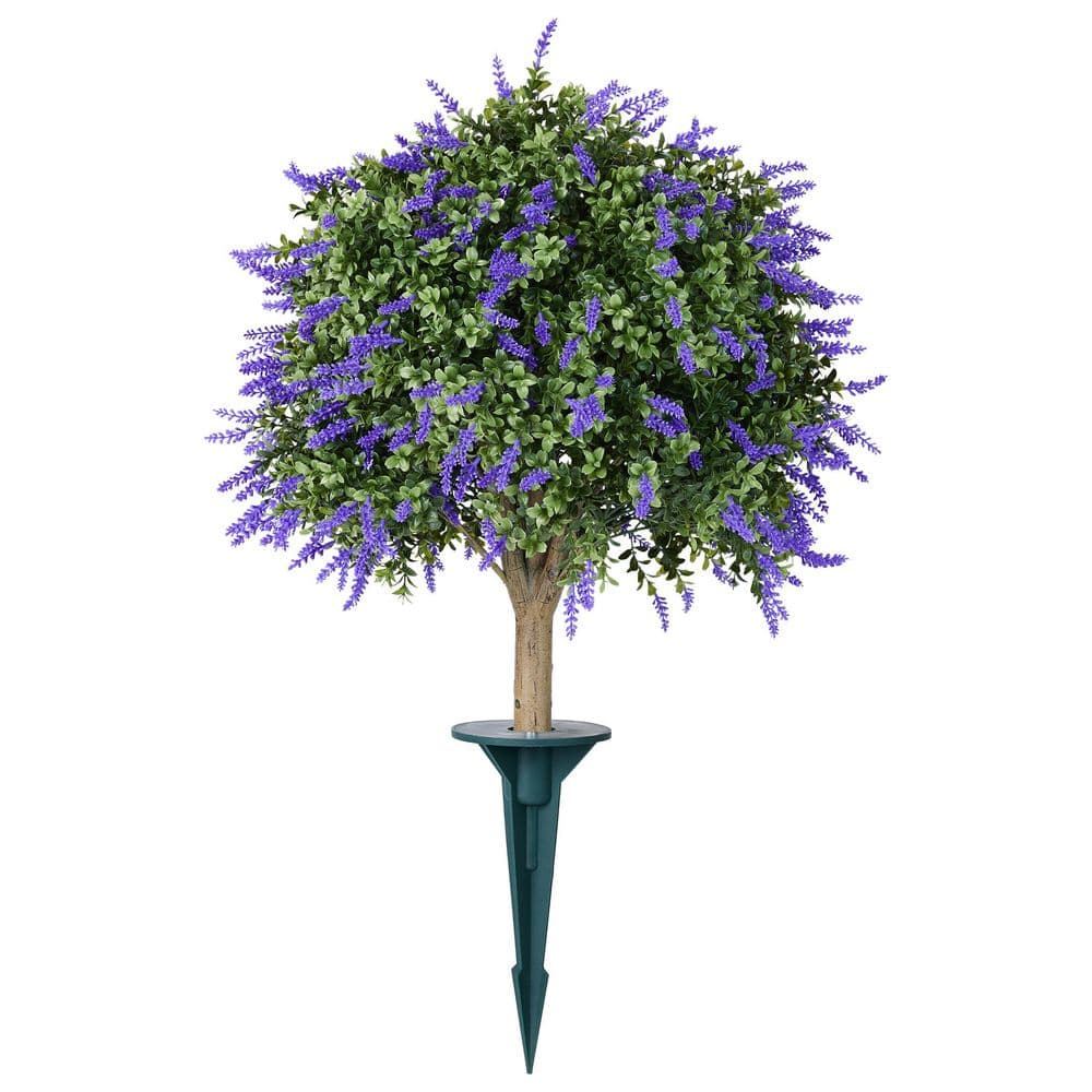 20 in. Artificial Boxwood Topiary Ball with Lavender Outdoor Fake Shrubs with Ground Spike of 2