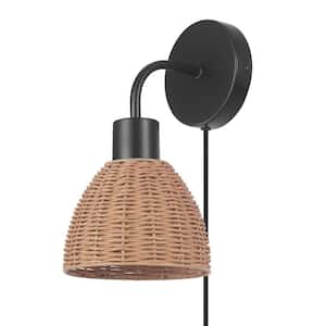 1-Light Matte Black Plug-In or Hardwire Wall Sconce with Rattan Shade, 6 ft. Black Cord, In-Line On/Off Rocker Switch