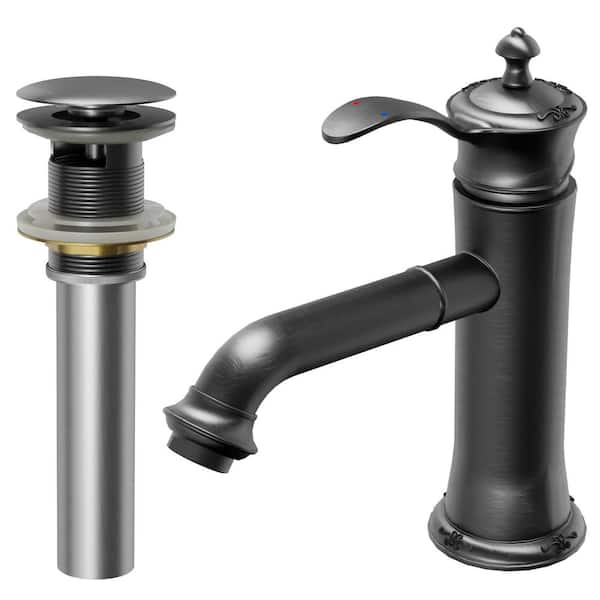 Karran Vineyard Single-Handle Single-Hole Basin Bathroom Faucet with Matching Pop-Up Drain in Gunmetal Grey