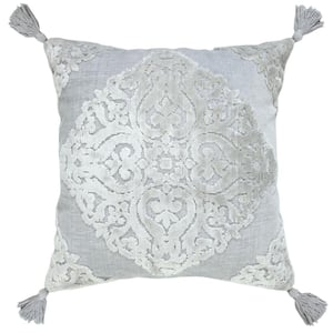 Arcane Aluminium Silver Gray/Light Gray Traditional Textured Medallion Poly-Fill 20 in. x 20 in. Indoor Throw Pillow