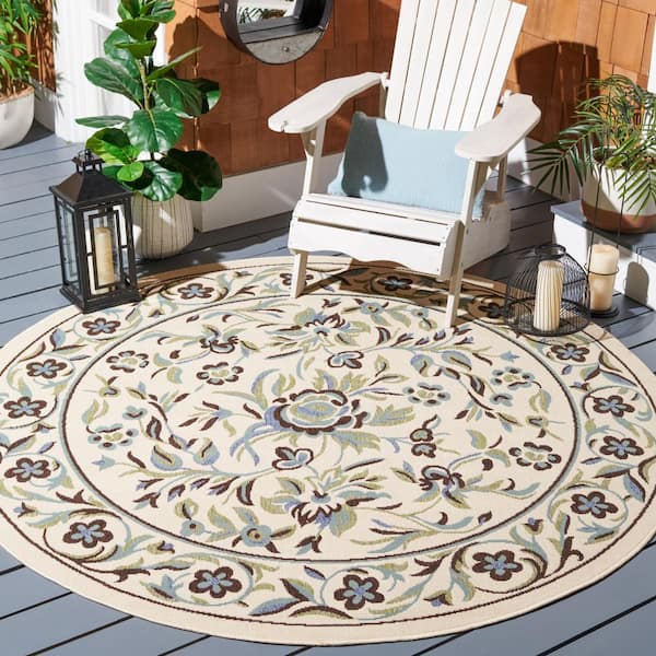 Veranda Cream/Green 7 ft. x 7 ft. Ornate Floral Border Indoor/Outdoor Round Area Rug