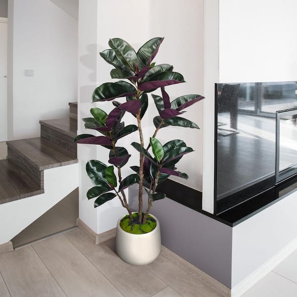 4.5 ft. Artificial Rubber Tree in White Decor Pot, Faux Green Plant Indoor Home Decorative Planter