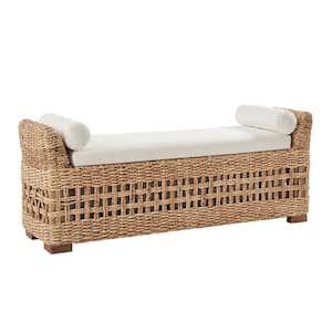 Joachim Farmhouse Rattan Storage Hollow-Carved Design Bedroom Bench with Acacia Wood Leg-Natural