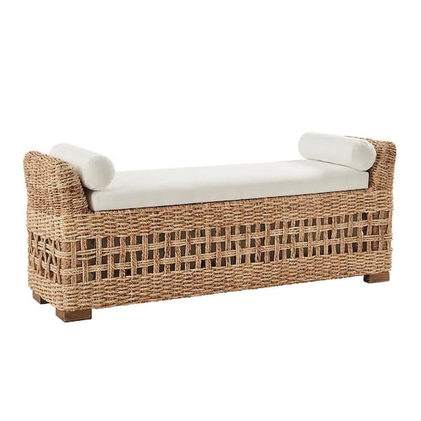 JAYDEN CREATION Joachim Farmhouse Rattan Storage Hollow-Carved Design Bedroom Bench with Acacia Wood Leg-Natural