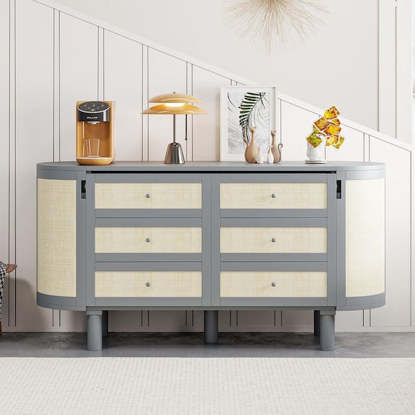 Gray Wood Frame Full Size Murphy Bed with Hidden Storage and Modern Woven Design