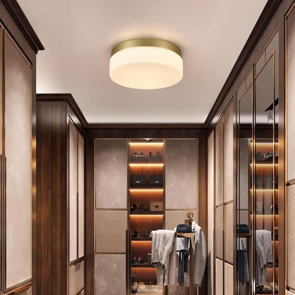 11.4 in. 24-Watt Gold Integrated LED Flush Mount Light with White Glass Shade