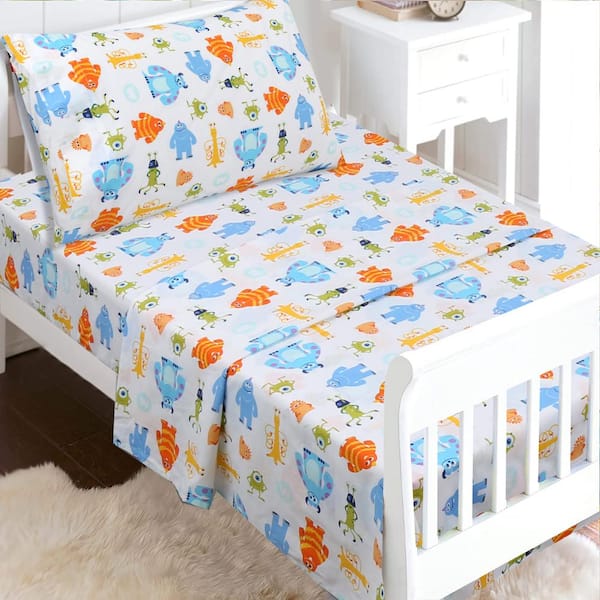 Cozy Line Home Fashions Little Friendly Monsters Smile 3-Piece Multicolor Blue Orange Cotton Toddler Sheet Set