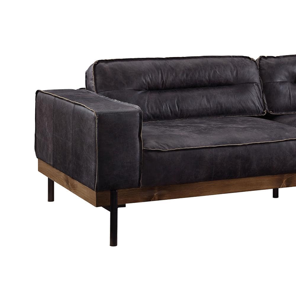 Antique Ebony Leather Sofa with Wooden Trim and Track Arms