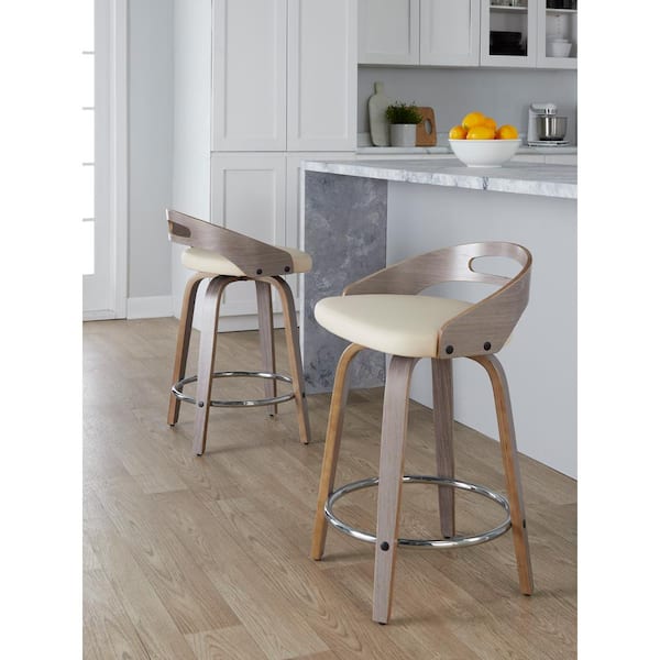 Cassis 24 in. Cream Faux Leather, Light Grey Wood and Chrome Metal Fixed-Height Counter Stool (Set of 2)