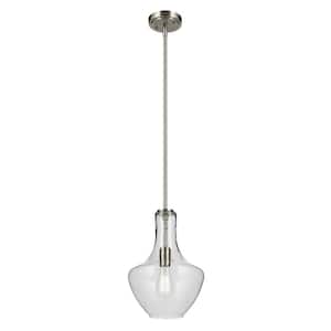 Everly 15.25 in. 1-Light Brushed Nickel Modern Shaded Bell Kitchen Hanging Pendant Light with Clear Glass