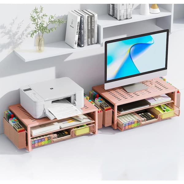 Rose Gold 15.7 in. x 6 in. Metal Modern Desk Organizer Stand with Drawer and 2 Pen Holders