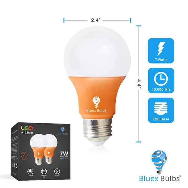 BlueX - Paquete de 2 bombillas LED amarillas ámbar A19, sin luz azul, para  exteriores, 650 lúmenes, 120 V, E26, base media, LED de 9.5 vatios