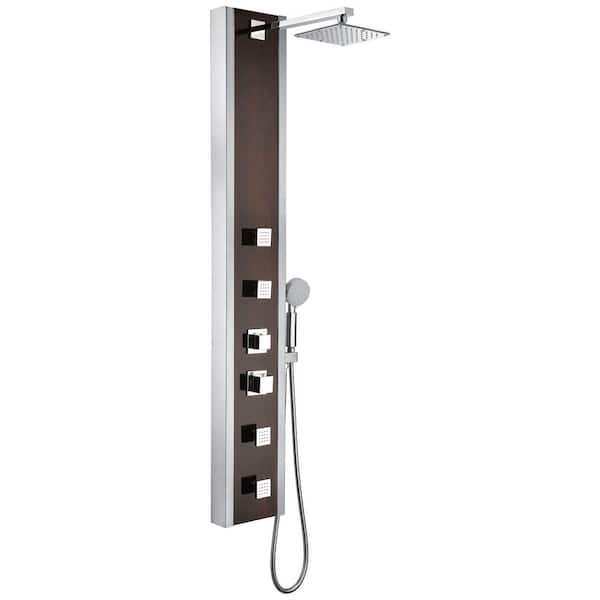 57 in. 4-Jet Shower Panel System with Heavy Rainfall Showerhead and Handheld Spray Wand in Mahogany Deco-Glass Finish
