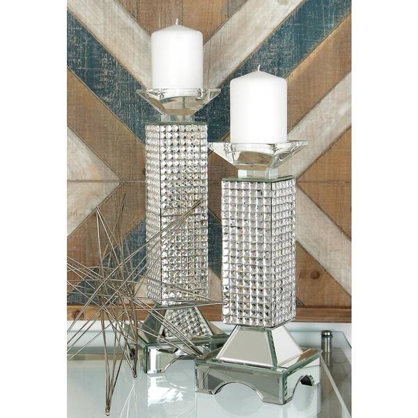 Litton Lane 13 in. Clear Glass and Mirror Tiled Pillar Candle Holder