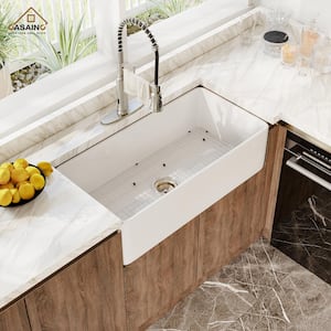Fireclay 36 in. Single Bowl Farmhouse Apron Kitchen Sink with Pull Down Kitchen Faucet and Accessories