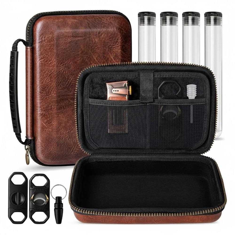 2.36 in.H x 8.86 in.W Brown PU Leather Travel Cigar Case Set with