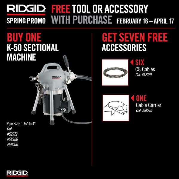 K50-8 Sectional Drain Cleaning Machine for 3/4 in. to 4 in. Lines, w/ A-30 Cable Kit, A-17-A Adapter, and A-17-B Adapter