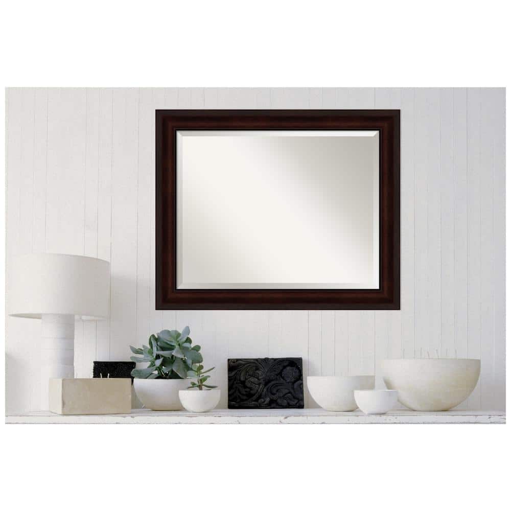 Elegant Coffee Bean Brown Wood Framed Beveled Bathroom Mirror 33x27