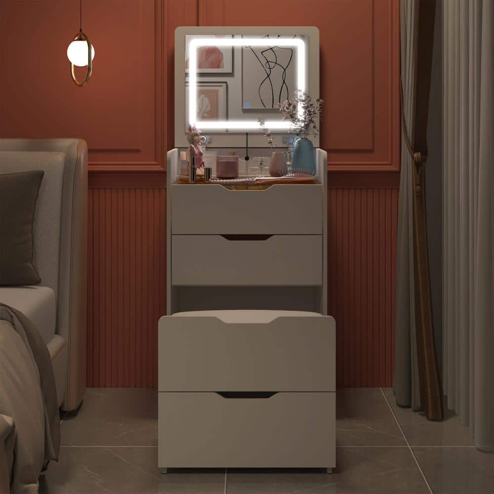 3-Drawer White Wood Makeup Vanity Set Dresser Table with Flip-Top Mirror, See-Through Glass Top, Lights, Stool - thumbnail 9