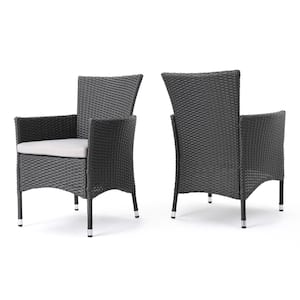 Kye Grey Waterproof Faux Rattan Outdoor Dining Chair with Light Gray Cushion (2-Pack)