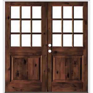72 in. x 80 in. Craftsman Knotty Alder Wood Clear 9-Lite Red Mahogony Stain Right Active Double Prehung Front Door