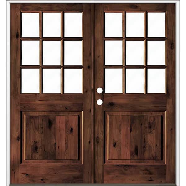 Krosswood Doors 72 in. x 80 in. Craftsman Knotty Alder Wood Clear 9-Lite Red Mahogony Stain Right Active Double Prehung Front Door