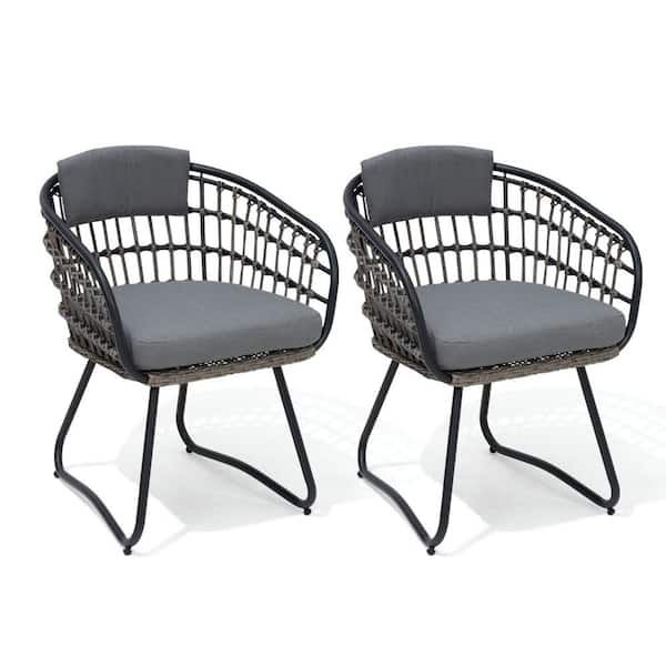 PE Rattan Patio Wicker Outdoor Dining Chair with Cushion in Gray (2-Pack)
