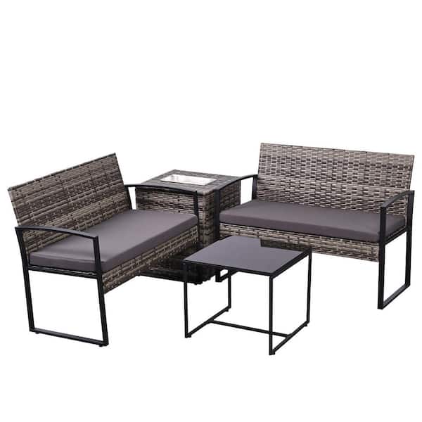 JUSKYS 4-Piece Gray Wicker Patio Conversation Set w/ Removable Ice Bucket and Gray Cushions, Loveseat, Table