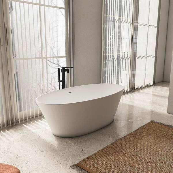 66.9 in. x 33.5 in. Artificial Stone Soaking Bathtub in Matte White Solid Surface with Overflow and Pop-up Drain