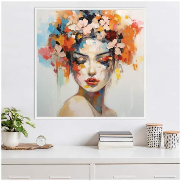 Sylvie "Female Figure Colorful Flowers In Hair" by The Creative Bunch Studio White Framed Art Print 30 in. x 30 in.