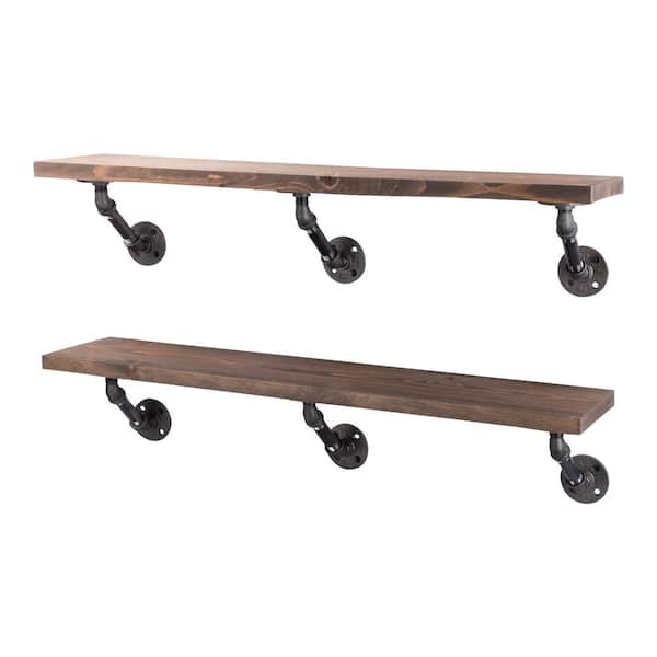 PIPE DECOR 36 in. x 7.5 in. x 6.75 in. Sunset Brown Restore Wood Decorative Wall Shelf with Industrial Steel Pipe Brackets