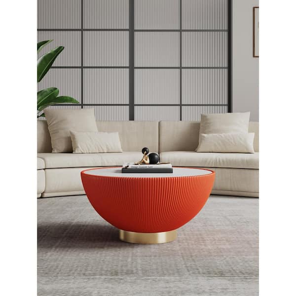 Manhattan Comfort Anderson 28.15 in. Modern Orange Round Faux Marble Leatherette Upholstered Coffee Table