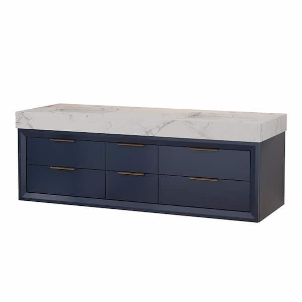 Wenlorin 60 in. Double Sinks Floating Blue Bath Vanity with White Engineered Marble Top Pre-Assembled