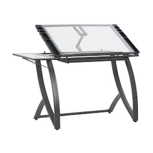 Futura Luxe 50 in. W Pewter Grey Clear Glass Drawing Writing Desk with Drawer Angle Adjustable Top and Folding Shelf