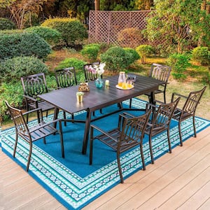 Black 9-Piece Metal Outdoor Patio Dining Set with Slat Extendable Table and Fashion Stackable Chairs