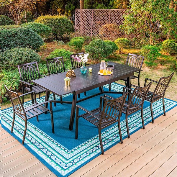 PHI VILLA Black 9-Piece Metal Outdoor Patio Dining Set with Slat Extendable Table and Fashion Stackable Chairs